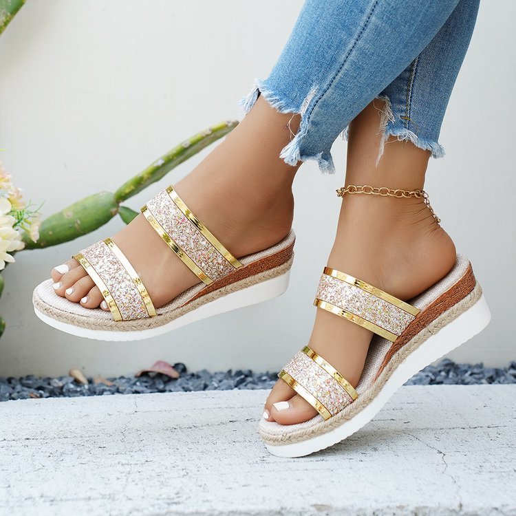 Damen Glamouröse Wedge-Sandaletten mit Glitzer-Riemen und komfortablem Fußbett EB