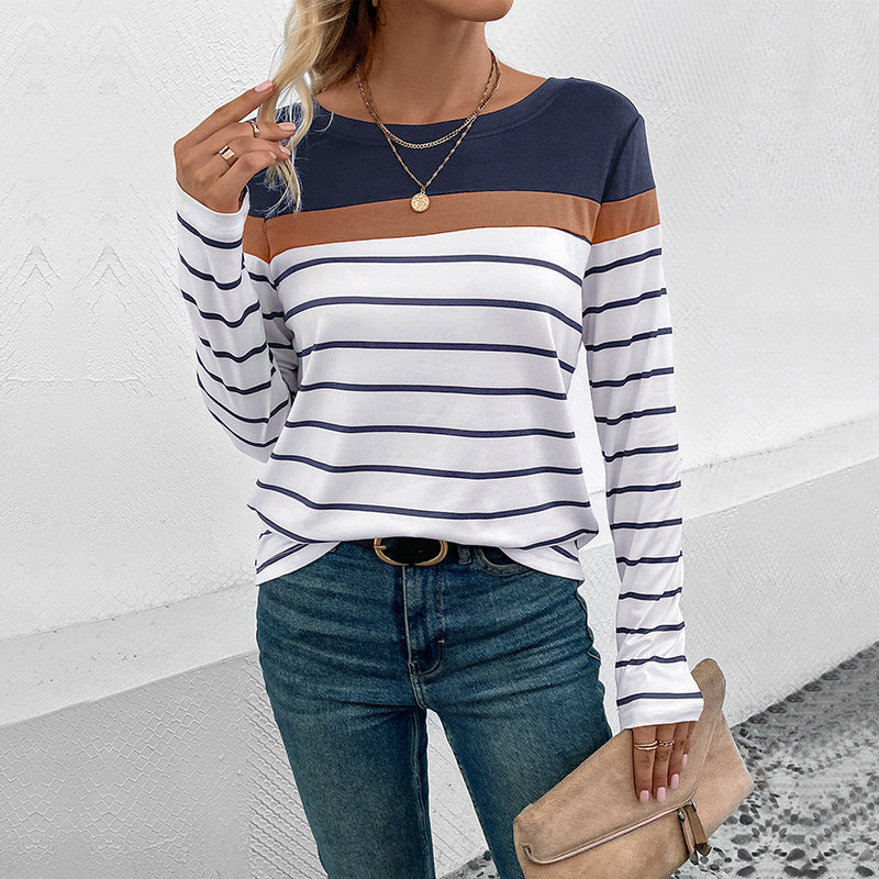 Damen Langarmshirt mit modischem Streifenmuster und kontrastierendem Oberteil EB