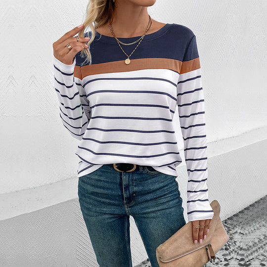 Damen Langarmshirt mit modischem Streifenmuster und kontrastierendem Oberteil EB