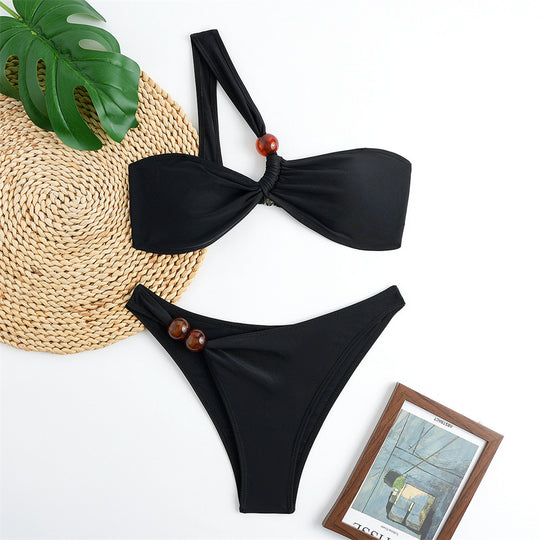 Damen Bikini-Set mit asymmetrischem Halter-Neck und dekorativen Hosenknöpfen EB