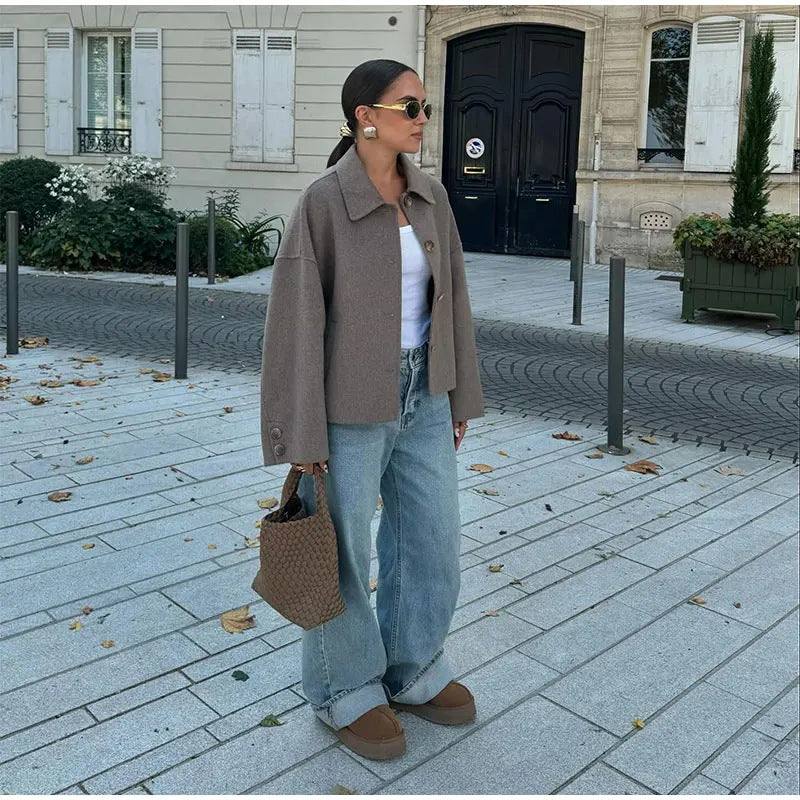 Damen Oversized Wolljacke mit Knopfdetail EB