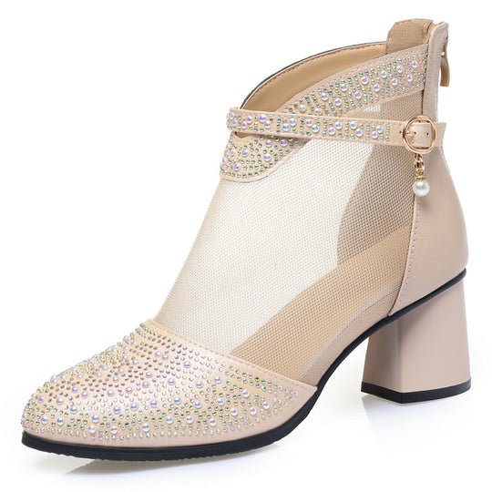 Damen Elegante Stiefeletten mit funkelnden Strassakzenten und feinem Netzdesign EB