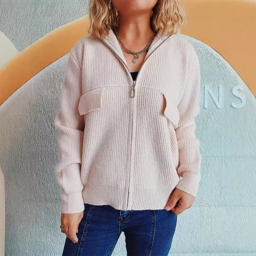 Damen lässige Strickjacke mit praktischen Taschen und hohem Kragen EB