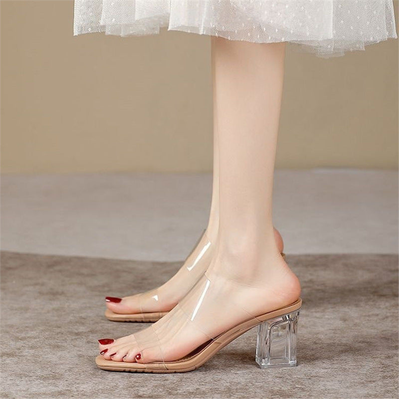 Damen Mules mit transparentem Riemendesign und glamourösem Blockabsatz EB