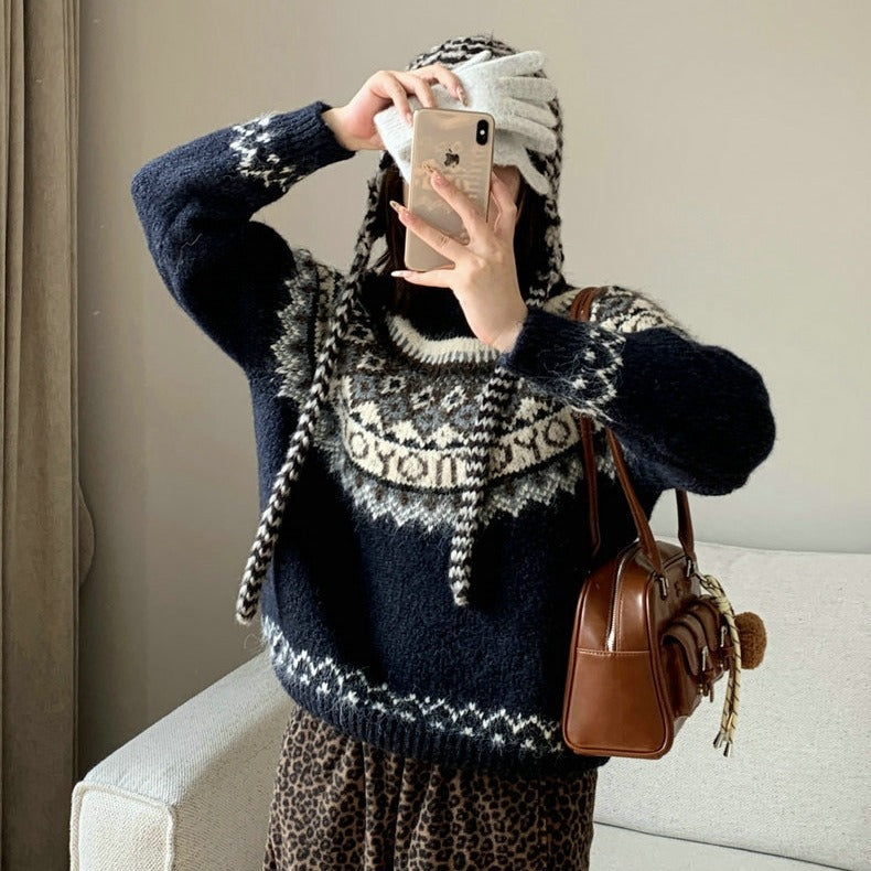 Damen Grobstrickpullover mit zeitgenössischen Norweger-Mustern EB