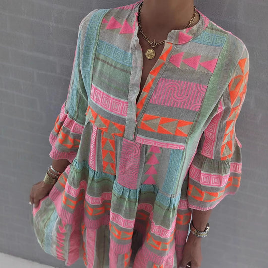 Damen luftiges Boho-Kleid mit eingewebten Mustern und kurzen Ärmeln EB
