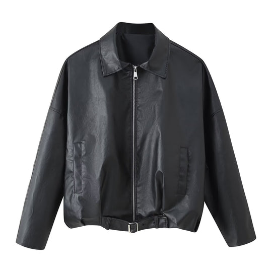 Damen modische Kunstlederjacke mit Taillengürtel EB