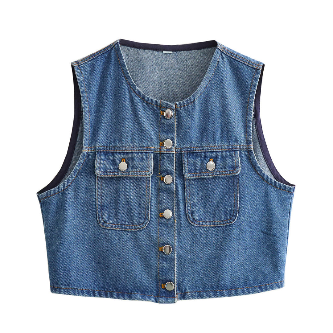 Damen Denim Weste mit stilvollen Taschen und klassischem Knopfverschluss EB