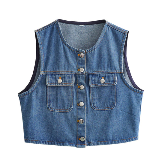 Damen Denim Weste mit stilvollen Taschen und klassischem Knopfverschluss EB