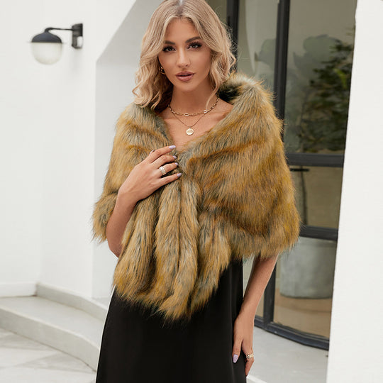 Damen Luxuriöser Kunstpelz-Cape mit flauschigem Kragen EB