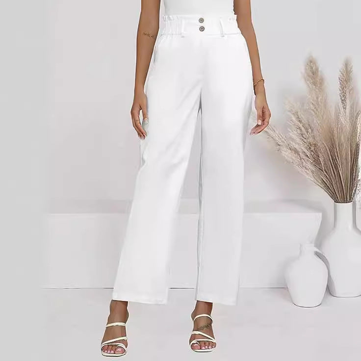 Damen weite Stoffhose mit elastischem Bund und modischen Knopfdetails EB