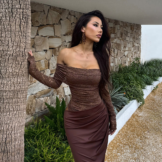 Damen Elegantes Abendkleid mit schulterfreiem Design und Spitzenärmeln EB