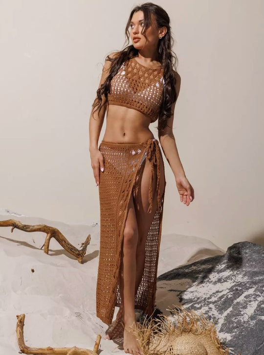 Damen Häkel-Bikini-Set mit hochgeschnittenem Rock EB