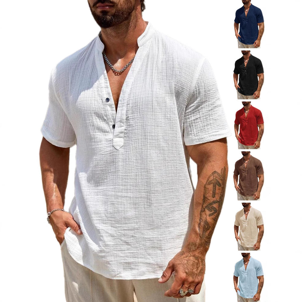 Herren Kurzarm Henley Hemd mit modernem Stehkragen aus leichtem Baumwollmaterial EB