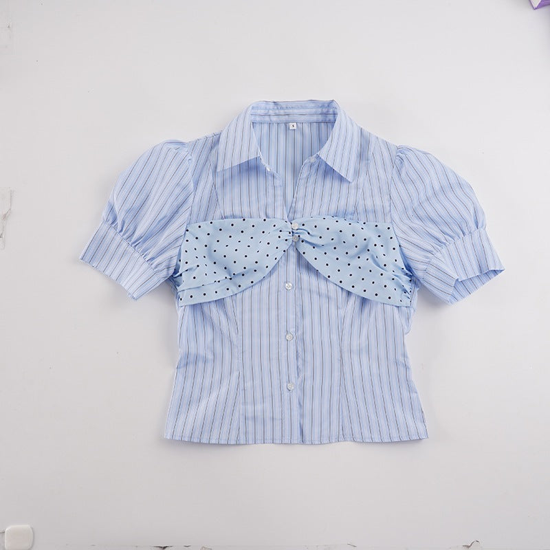 Damen Stylische gestreifte Bluse mit Rüschendetail und Punktenmuster EB