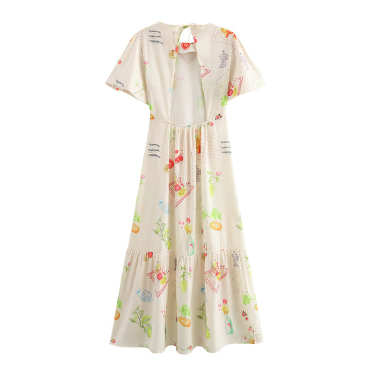 Damen Maxikleid mit buntem Musterdruck und fließendem Volant EB