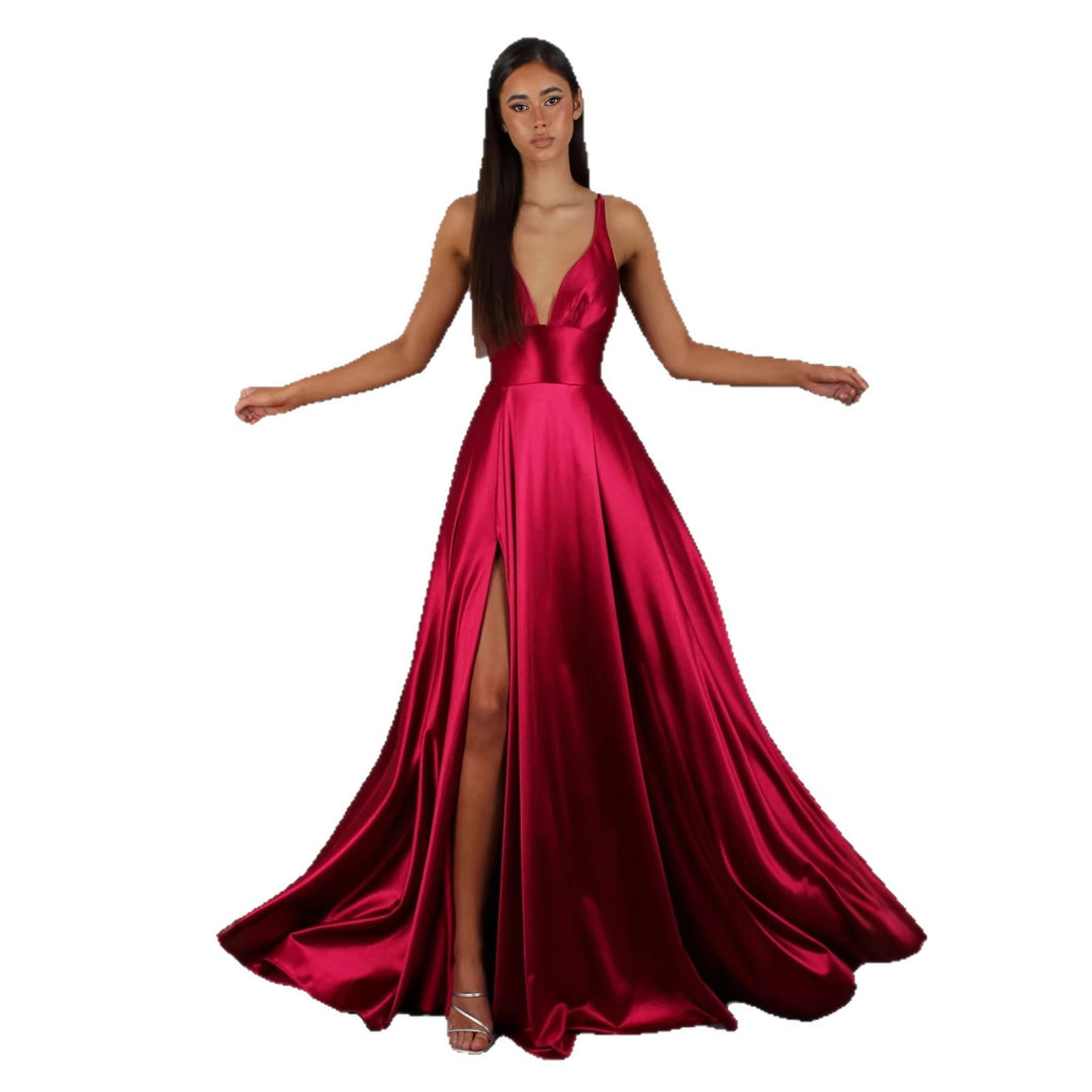 Damen Elegantes Maxikleid mit tiefem V-Ausschnitt und modischem Schlitz EB