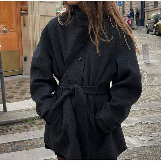 Damen bequeme Trenchcoatjacke mit Gürtel und voluminösen Ärmeln EB