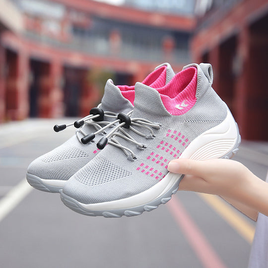 Damen gestrickte Slip-On Sneaker mit Schnellzugkordel, elastischem Schaft und stoßdämpfender Plateau-Sohle EB