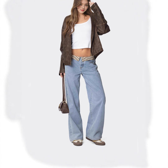 Damen nan weite Schlagjeans mit umgeschlagenem Karobund und klassischem Five-Pocket-Schnitt EB