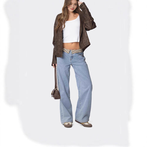 Damen nan weite Schlagjeans mit umgeschlagenem Karobund und klassischem Five-Pocket-Schnitt EB