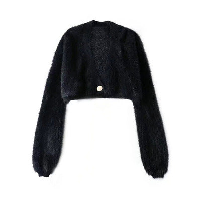 Damen Flauschige Kurzstrickjacke mit V-Ausschnitt und Knopfdetail EB