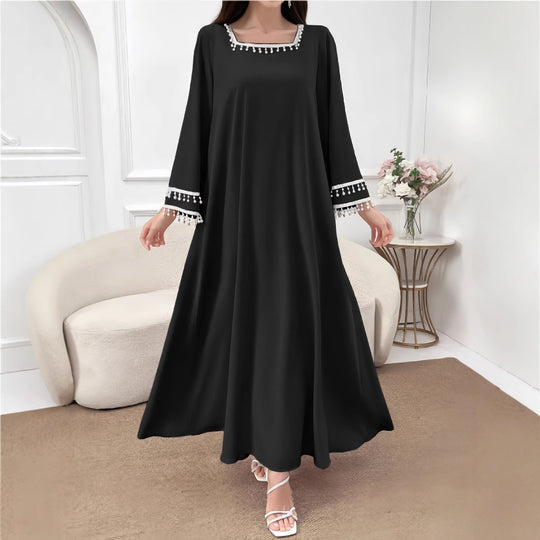 Damen Elegantes Maxikleid mit dekorativen Fransen und weiten Ärmeln EB