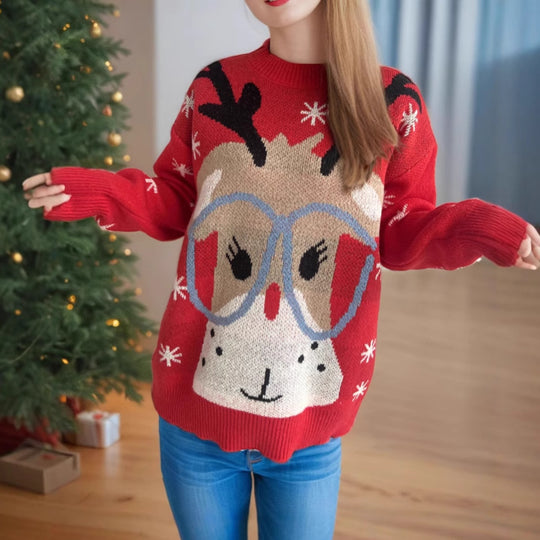 Damen festlicher Pullover mit weihnachtlichem Rentier-Motiv und lockerer Passform EB