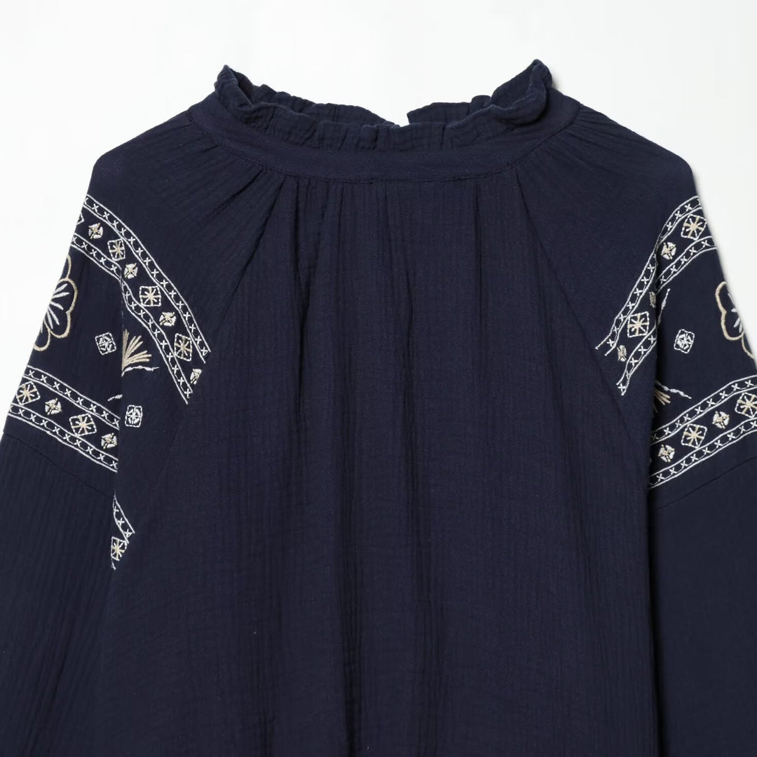 Damen nan bestickte Boho-Bluse mit gerafftem Stehkragen, Ballonärmeln und kurzem Saum EB
