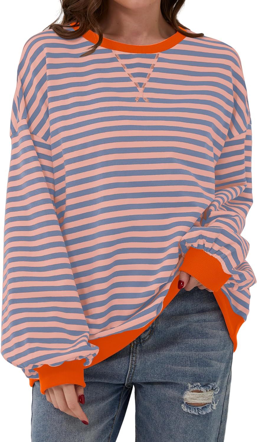 Damen Lässiger Sweatshirt mit bunten Streifen und weitem Schnitt EB