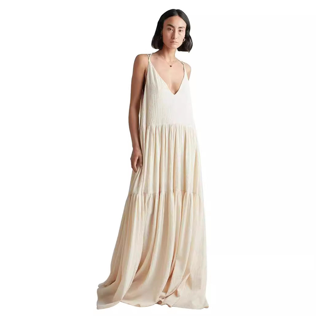 Damen Maxikleid mit tiefem V-Ausschnitt und voluminösem Rock EB