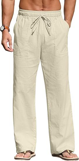 Herren nan leichte Leinenhose mit elastischem Bund, Kordelzug und aufgesetzten Taschen EB