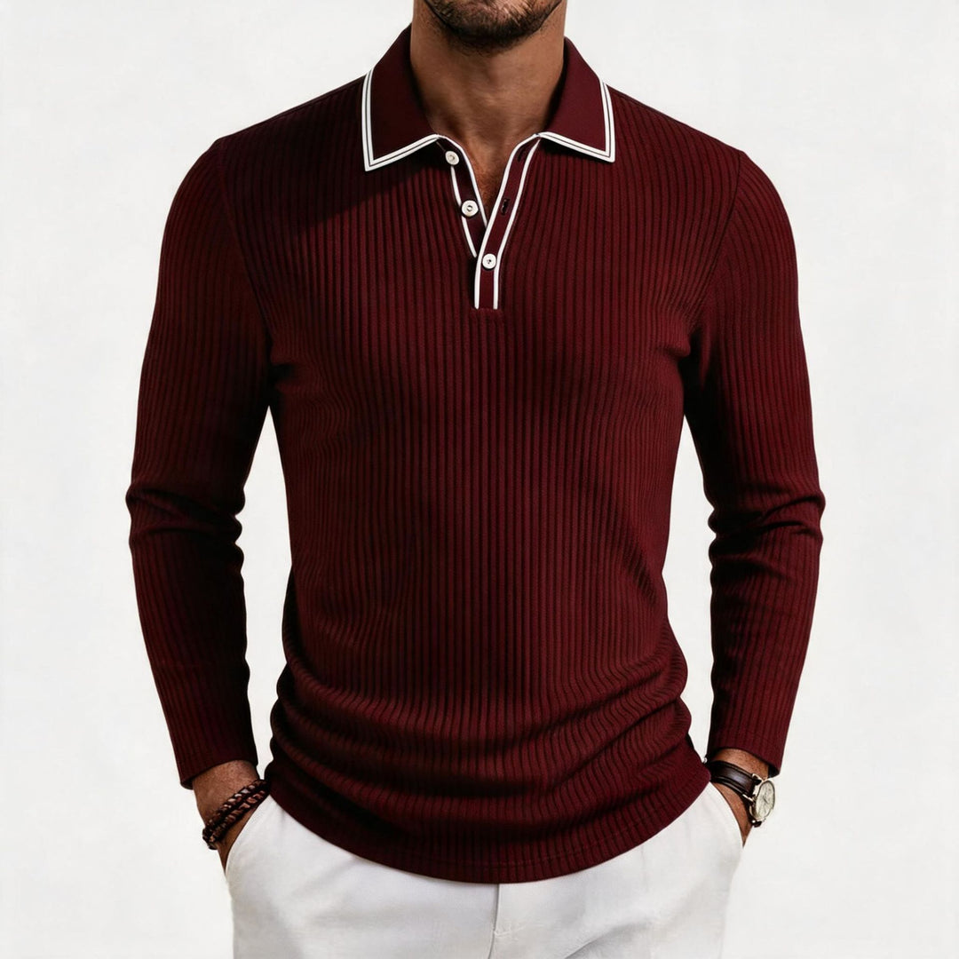 Herren nan fein geripptes Langarm-Poloshirt aus elastischer Merino-Mixqualität mit Kontrastkanten EB