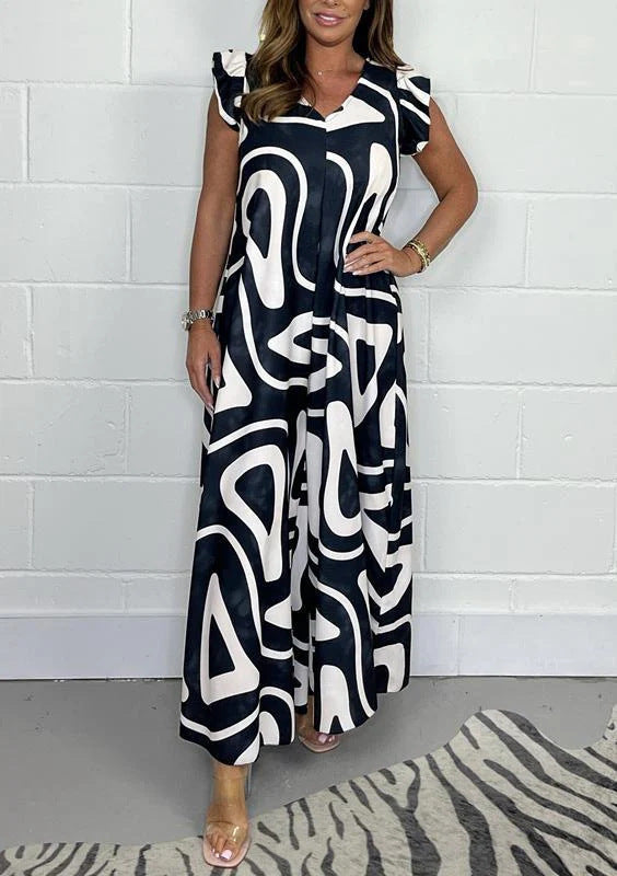 Damen Maxikleid mit kreativem grafischen Muster und Rüschen EB