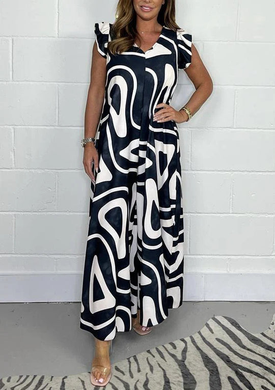 Damen Maxikleid mit kreativem grafischen Muster und Rüschen EB