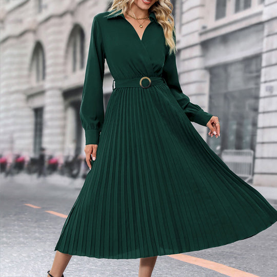 Damen Plissiertes Wickel-Midikleid mit Hemdkragen, Taillengürtel und langen Manschettenärmeln EB