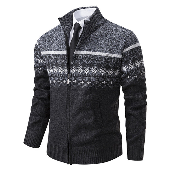 Herren Strickjacke mit Stehkragen und Norweger-Muster EB