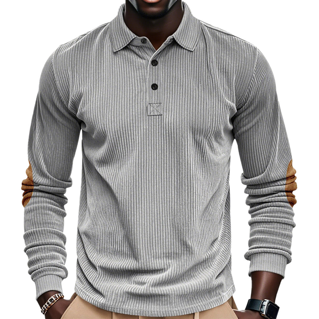 Herren nan geripptes Langarm-Poloshirt mit Henley-Knopfleiste und veloursähnlichen Ellbogenpatches EB