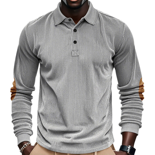 Herren nan geripptes Langarm-Poloshirt mit Henley-Knopfleiste und veloursähnlichen Ellbogenpatches EB