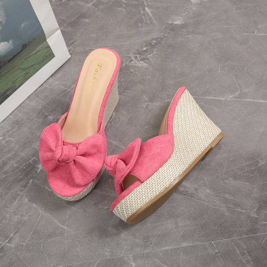 Damen Wedge-Pantoletten mit kreativem Schleifen-Design und verstellbarem Riemen EB