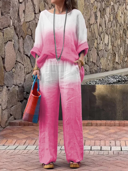 Damen lässiges Leinen-Outfit mit weiten Hosen und lockerer Bluse EB