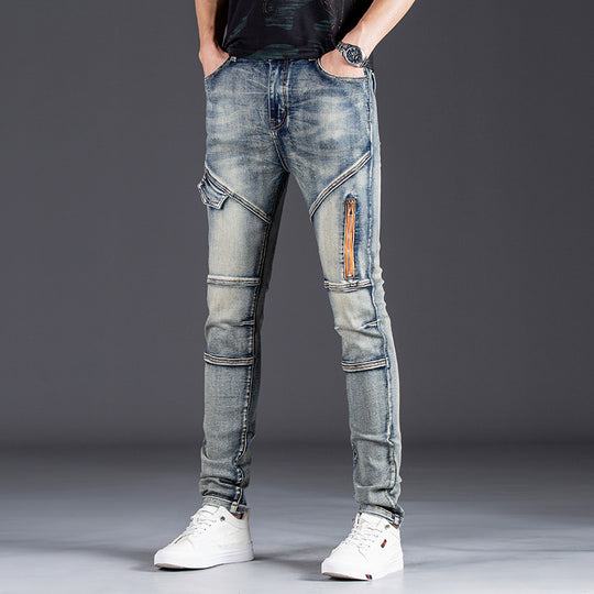 Herren Designer Slim Fit Jeans mit kreativen Reißverschlussdetails EB