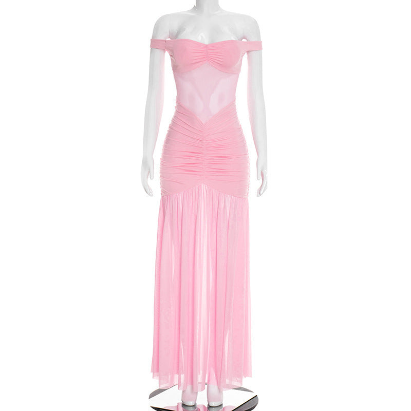 Damen elegantes Maxikleid mit Off-Shoulder-Design und raffinierten Raffungselementen EB