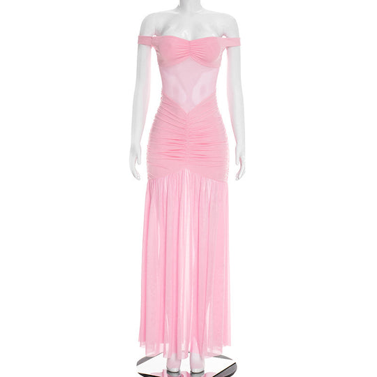 Damen elegantes Maxikleid mit Off-Shoulder-Design und raffinierten Raffungselementen EB