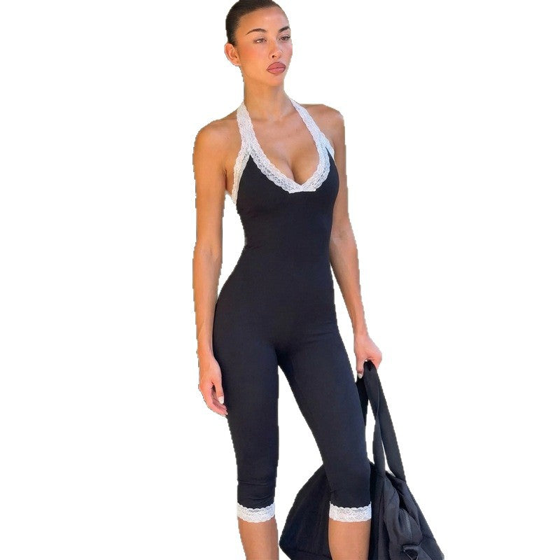 Damen Eleganter Jumpsuit mit Spitzendetails und taillierter Silhouette EB