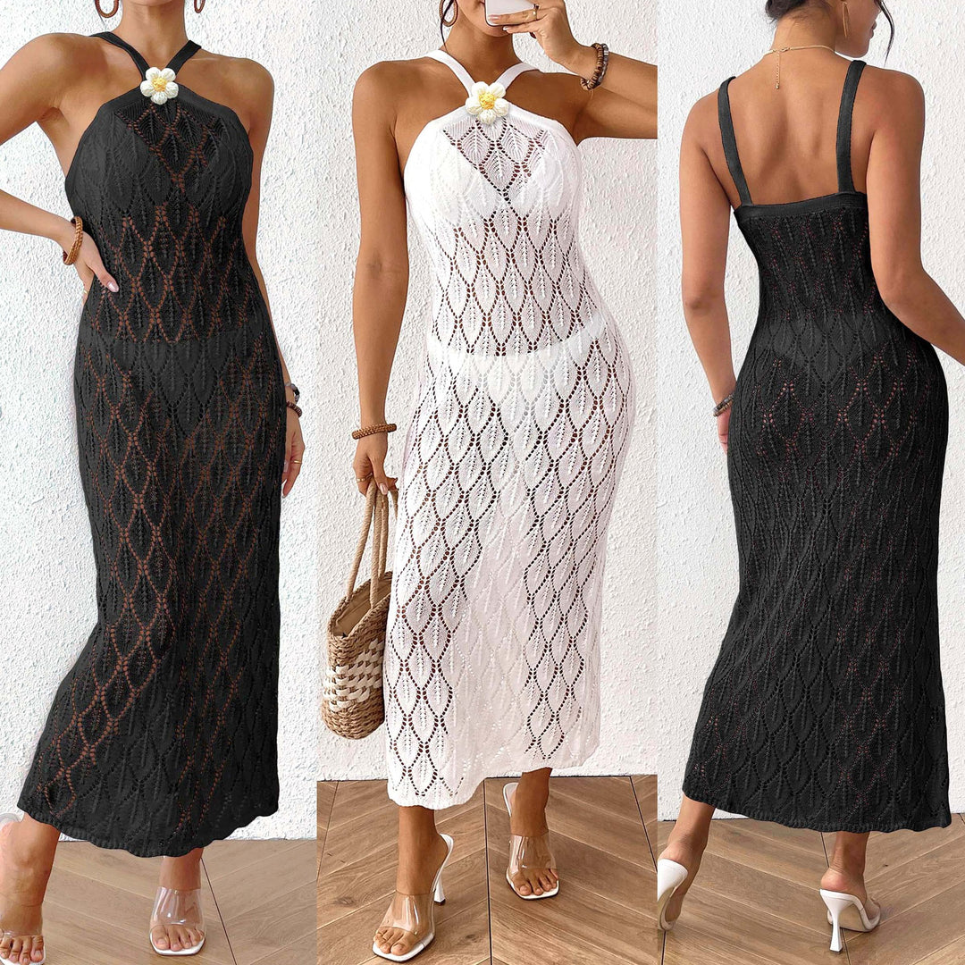 Damen Häkel-Maxikleid mit einem eleganten Blumendetail EB