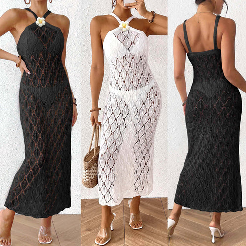 Damen Häkel-Maxikleid mit einem eleganten Blumendetail EB