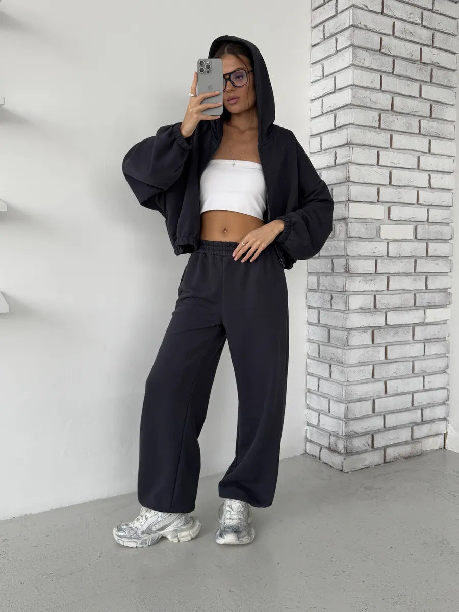 Damen Lounge-Set Cropped-Zip-Hoodie mit Oversize-Ärmeln und High-Waist Palazzo-Jogger EB