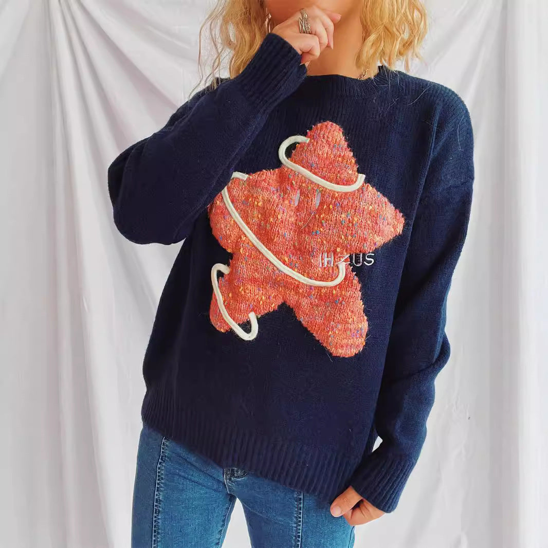 Damen Strickpullover mit kreativem Motiv und lässigem Schnitt EB
