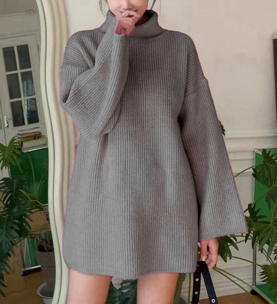 Damen Langer Strickpullover mit hohem Kragen und weit ausgestellten Ärmeln EB